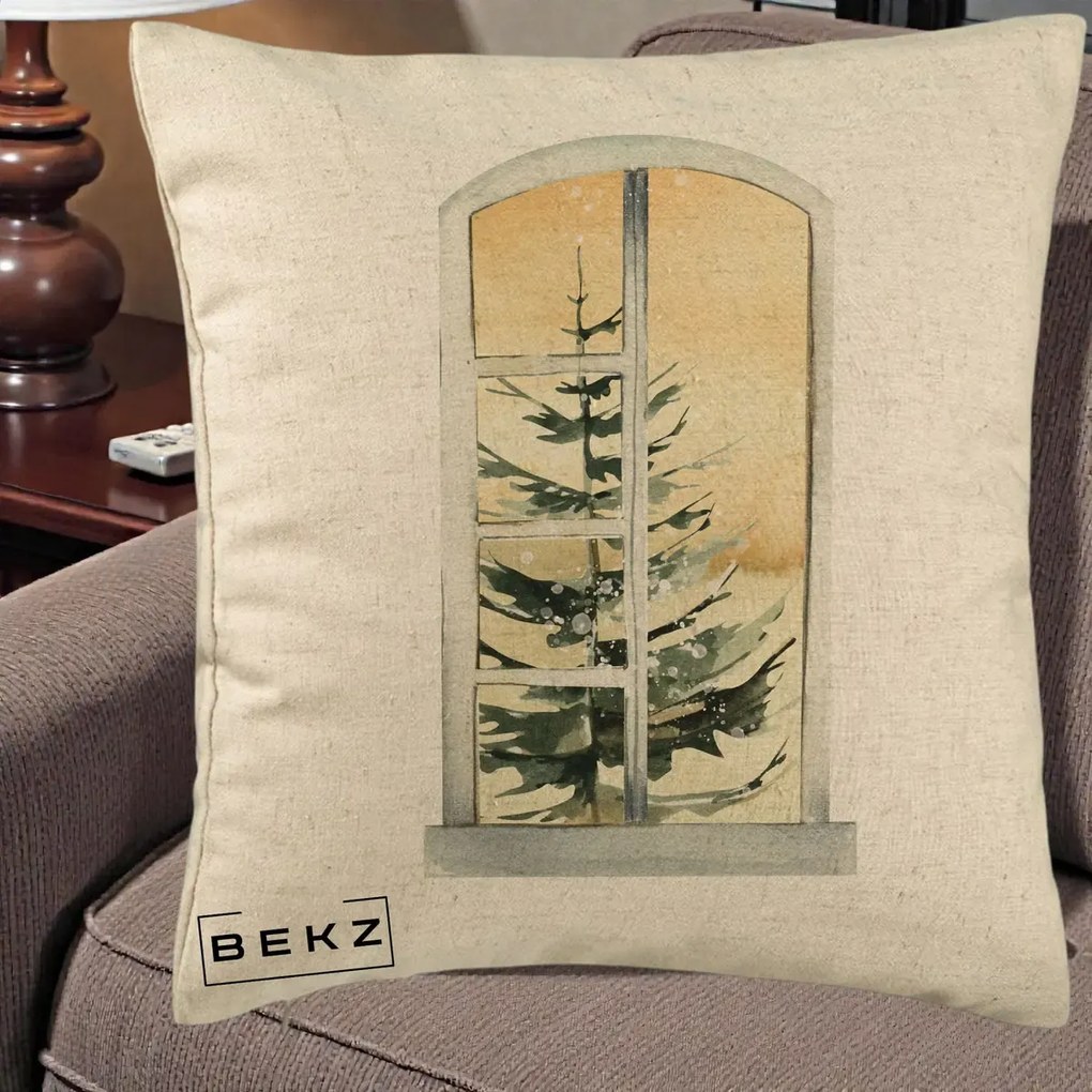 Perna Decorativa Fereastra cu Brad de Iarna, 40x40 cm, Bej, Husa Detasabila, Perna Inclusa, BEKZ®