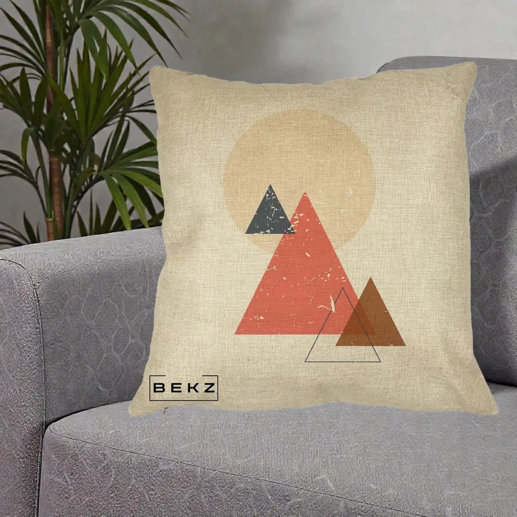 Perna Decorativa Geometric Munti si Soare, 40x40 cm, Crem, Husa Detasabila, Perna Inclusa, BEKZ®
