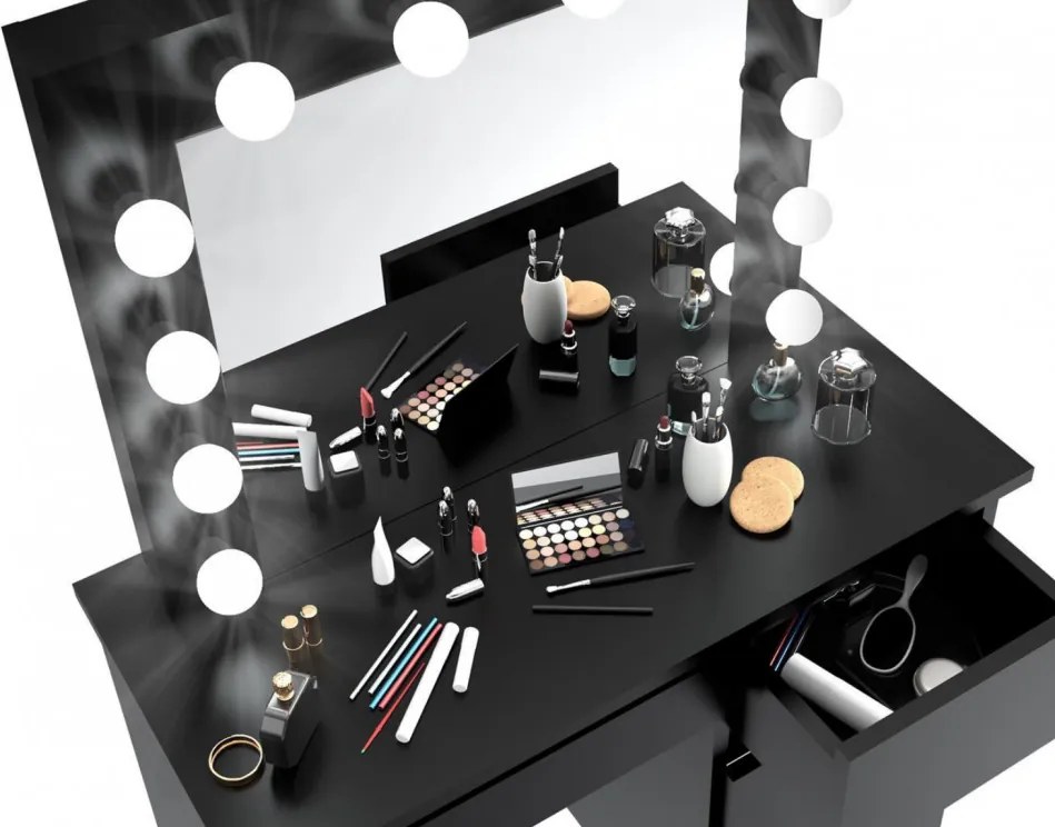 Masuta machiaj cu Oglinda LED si 4 Sertare pentru Cosmetice, Negru, masuta cosmetica, vanity - SEN505