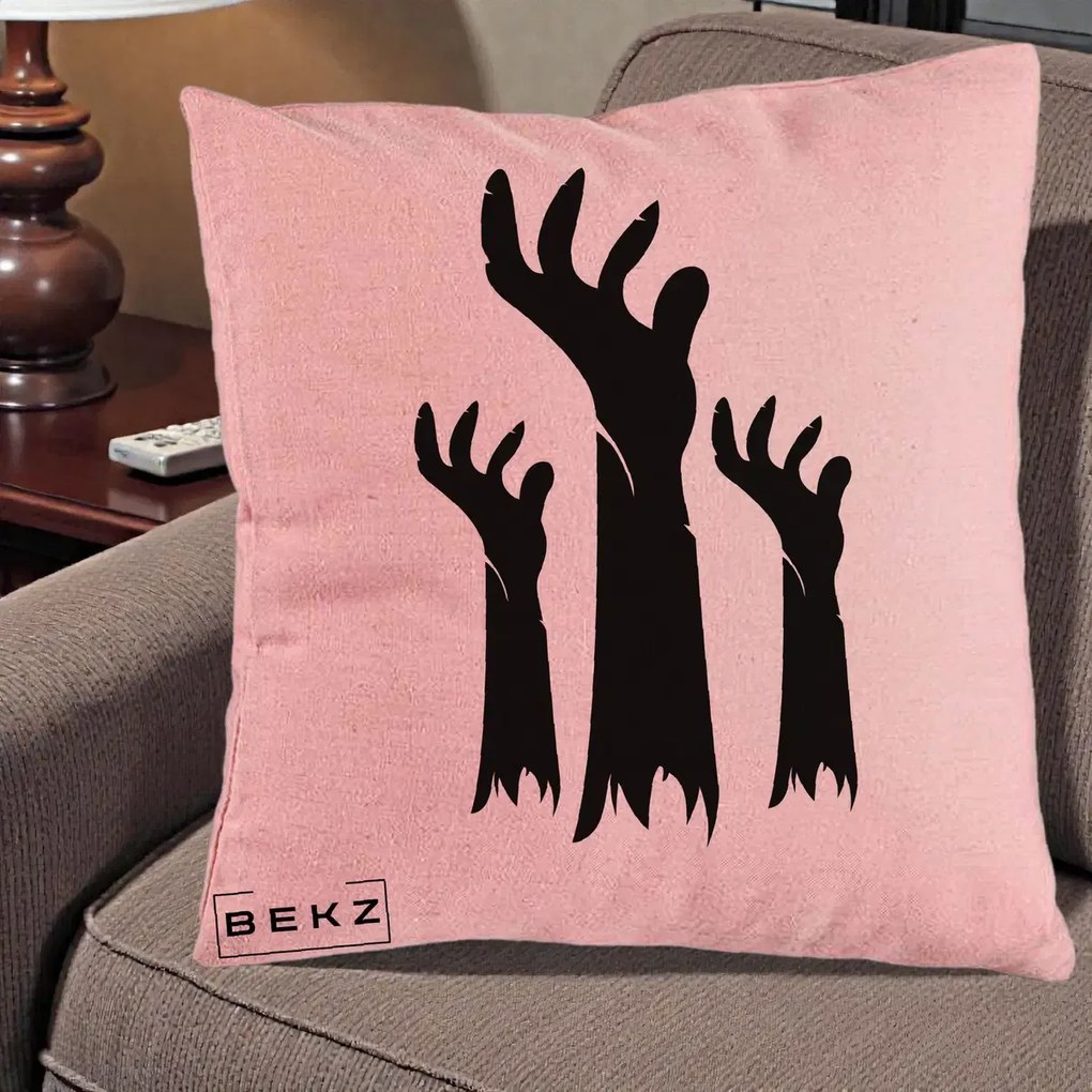 Perna Decorativa Halloween Maini Zombie Alb-Negru, 40x40 cm, Roz, Husa Detasabila, Perna Inclusa, BEKZ®