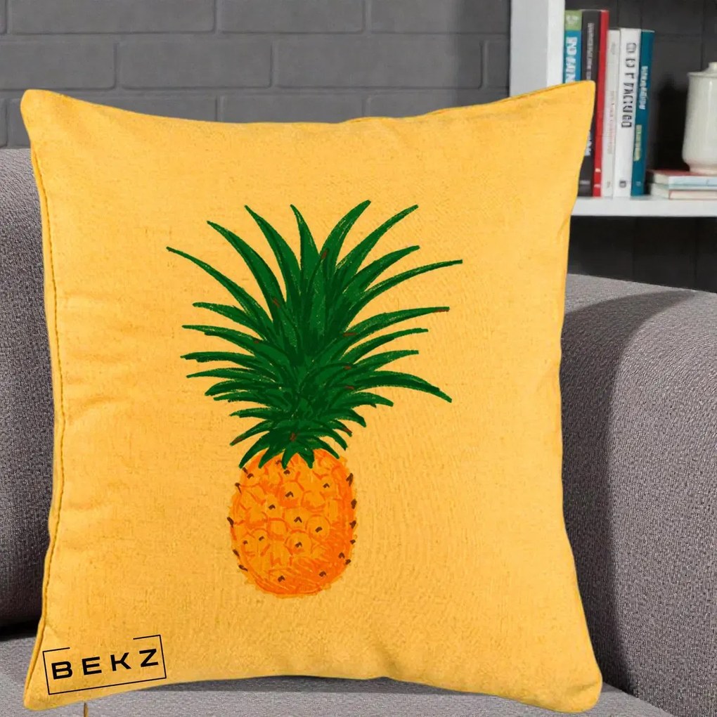 Perna Decorativa Ananas Tropical, 40x40 cm, Galben, Husa Detasabila, Perna Inclusa, BEKZ®