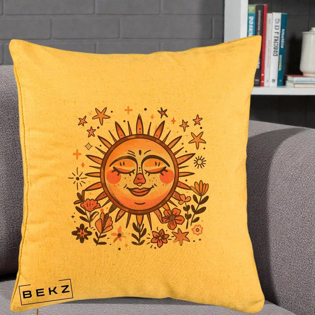 Perna Decorativa Soare Retro Boho Floral, 40x40 cm, Galben, Husa Detasabila, Perna Inclusa, BEKZ®