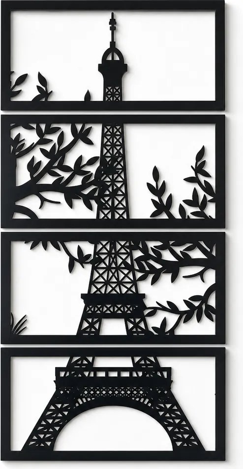 Decorațiune de perete Turnul Eiffel în 4 panouri, siluetă neagră cu frunze 45 x 21 cm