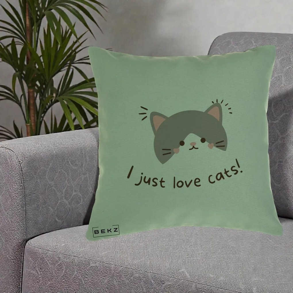 Perna Personalizata I Just Love Cats Pisica Kawaii, 40x40 cm, Verde, Husa Detasabila, Perna Inclusa, BEKZ®
