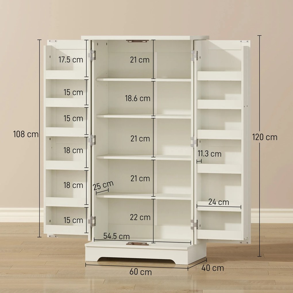 HOMCOM Dulap de Bucătărie Tip Cămară, Rustic, cu 12 Rafturi pentru Condimente, Rafturi Reglabile, 2 Uși, pentru Sufragerie și Living, 60x40x120 cm, Crem | Aosom Romania