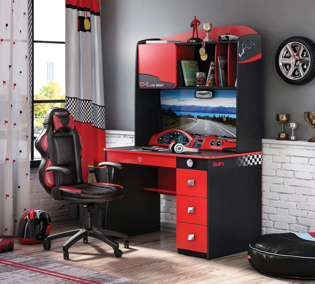 Birou Cilek, design sport, rosu si negru, 3 sertare, polite organizare, colectia Champion Racer