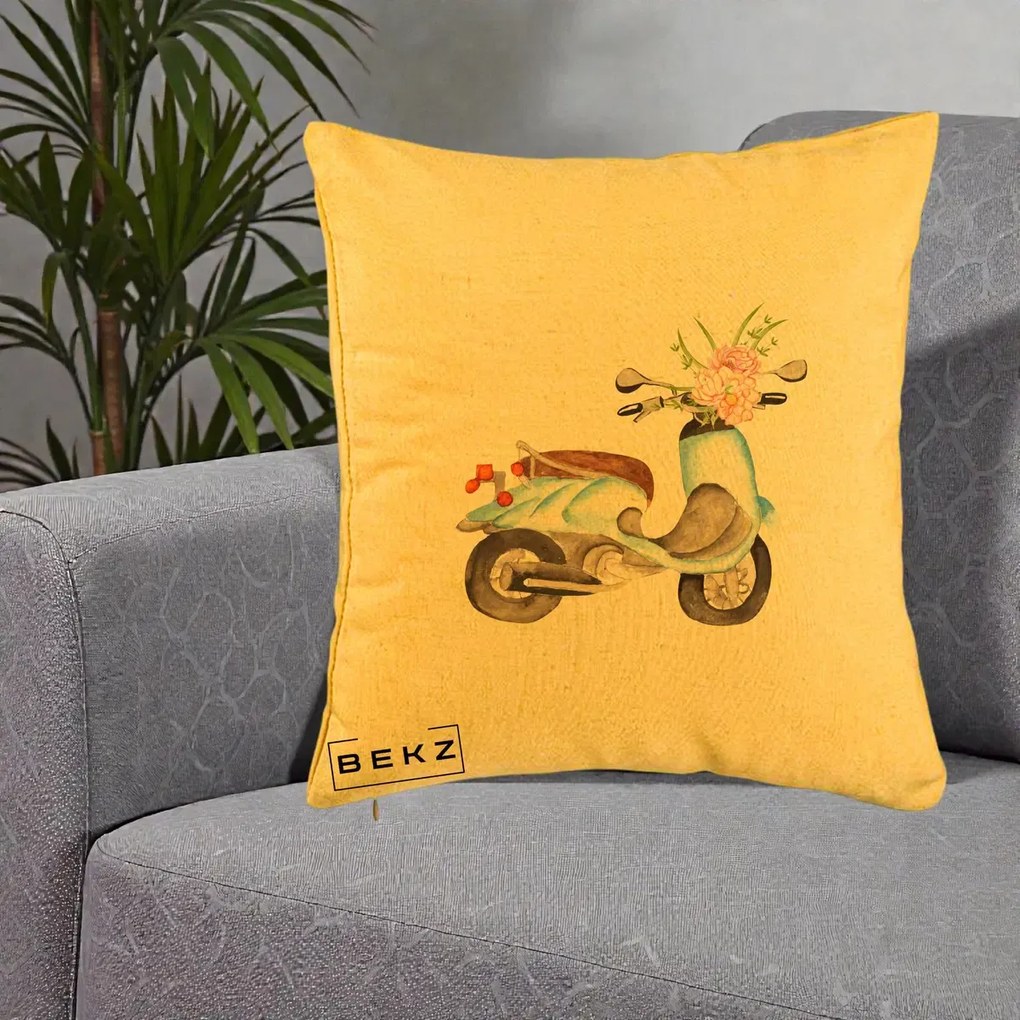 Perna Decorativa Scuter Albastru cu Flori Acuarela, 40x40 cm, Galben, Husa Detasabila, Perna Inclusa, BEKZ®