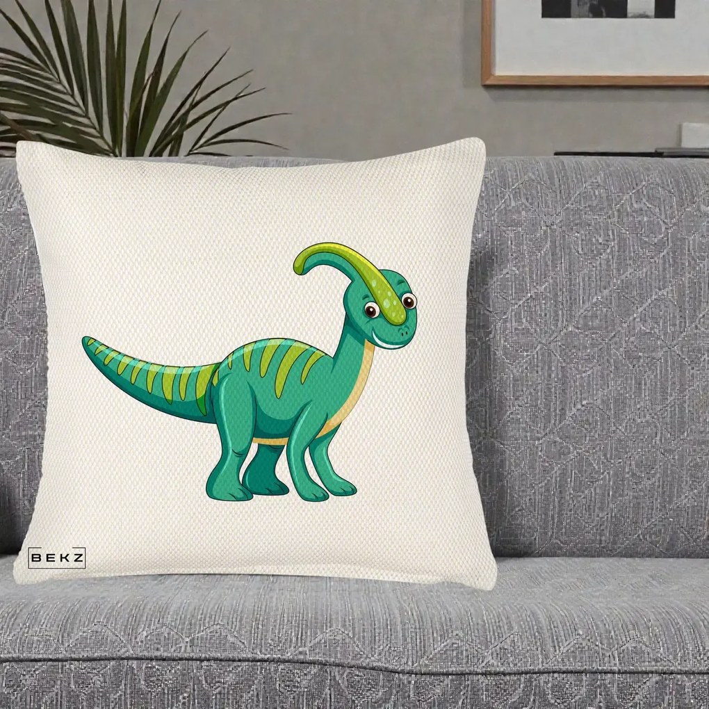 Perna Decorativa Parasaur Verde, 40x40 cm, Crem Reliefat, Husa Detasabila, Perna Inclusa, BEKZ®