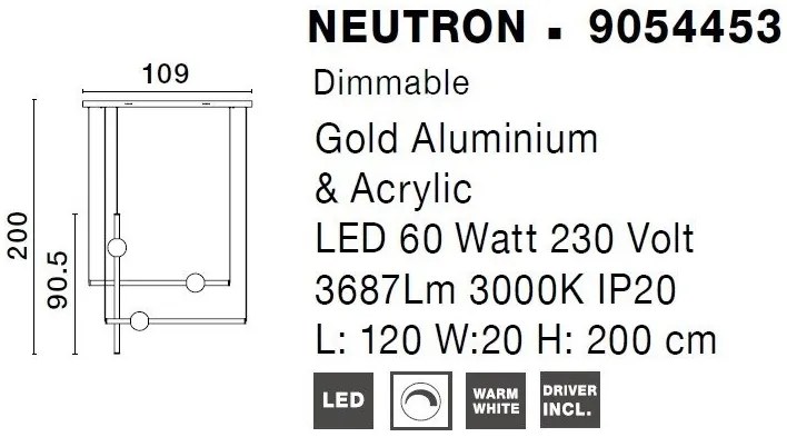 Lustra LED suspendata, dimabila, design modern Neutron auriu