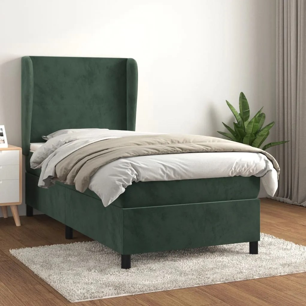 3129072 vidaXL Pat box spring cu saltea, verde închis, 90x200 cm, catifea