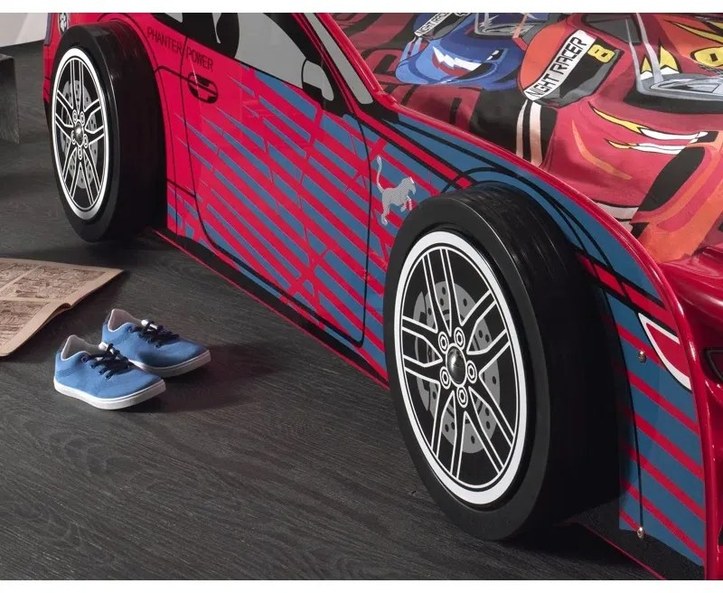 Pat Mașină PANTHER POWER pentru Copii, 90x200 cm, Roșu cu Albastru (MDF) – Auto – Vipack