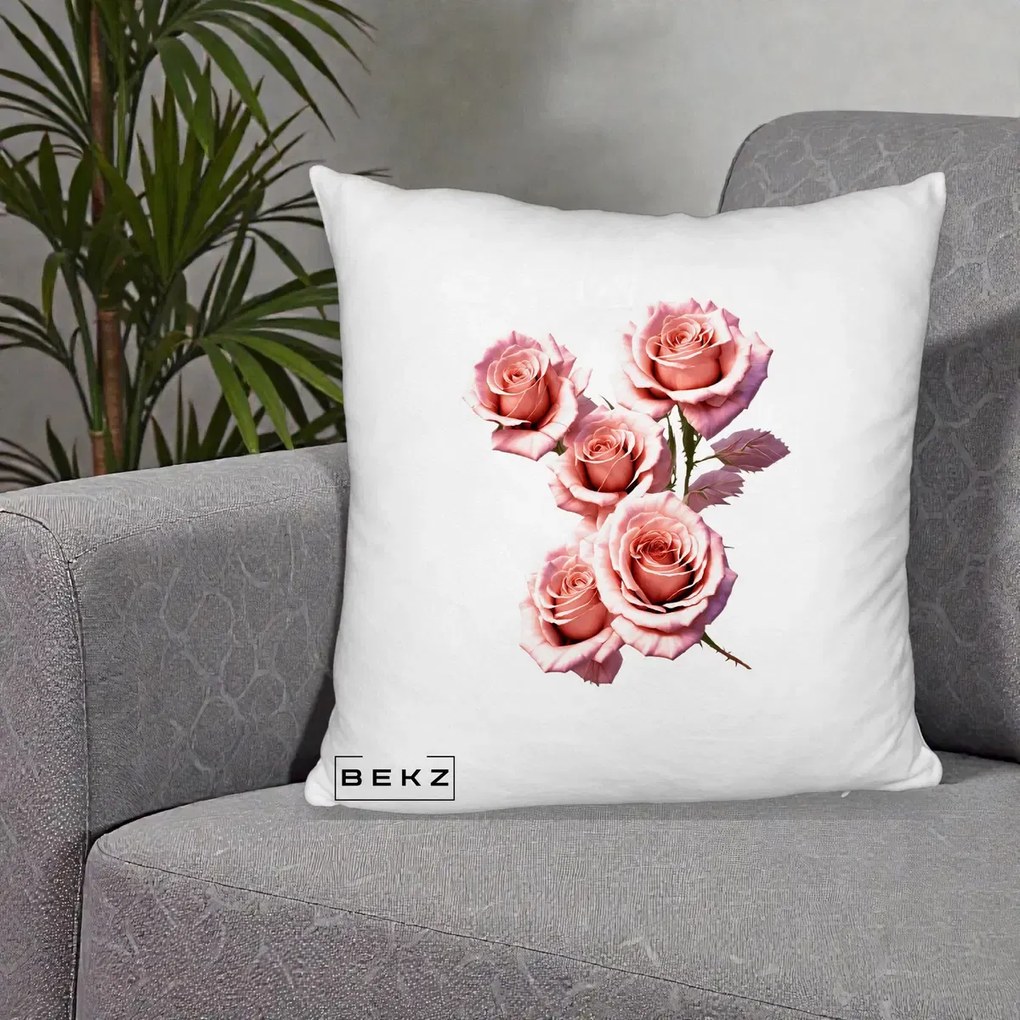 Perna Decorativa Trandafiri Roz Pastel Acuarela, 40x40 cm, Alb Pufos, Husa Detasabila, Perna Inclusa, BEKZ®