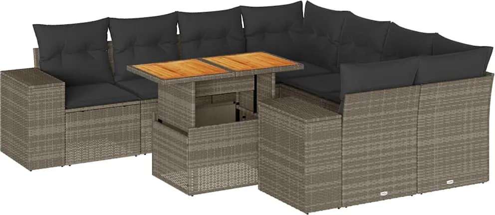 vidaXL Set canapele de grădină, 9 piese, cu perne, gri, poliratan