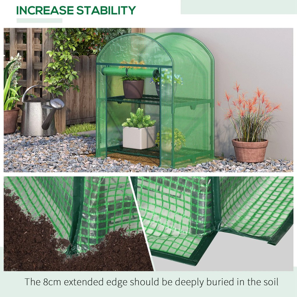 Outsunny Mini Seră de Grădină cu 2 Rafturi Metalice și Acoperiș PE, Seră Compactă pentru Balcon și Terasă, 69x49x91 cm, Verde | Aosom Romania