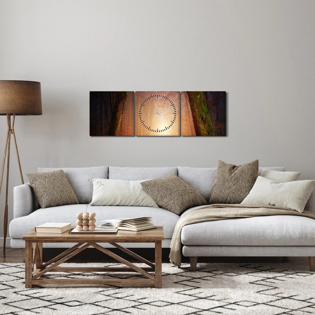 Tablou cu pădurea toamna în ceață (cu ceas) (90x30 cm)