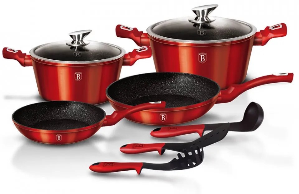 Set oale si tigai marmorate (9 piese) din aluminiu forjat Burgundy Metalic Line Berlinger Haus BH 1228N