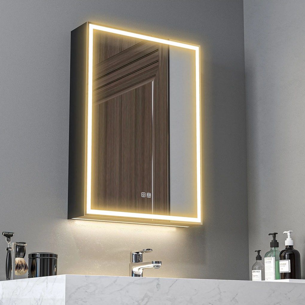 HOMCOM Dulap cu Oglindă pentru Baie cu Lumini LED și Priză pentru Aparat de Ras, Dulap Suspendat cu Funcție Anti-Ceață, Reglare Luminozitate, 3 Culori, Negru | Aosom Romania