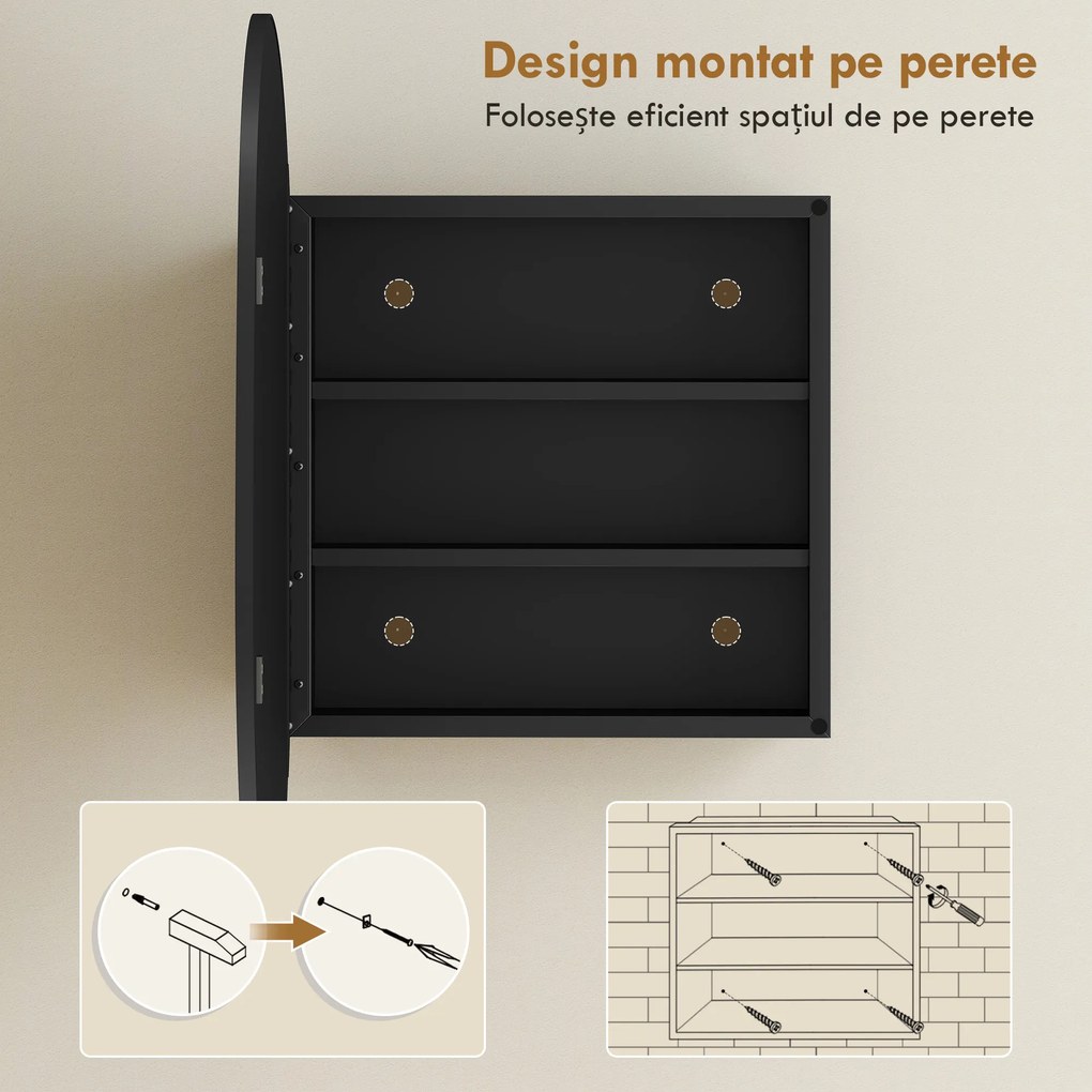 HOMCOM Dulap Baie cu Oglindă și 3 Rafturi, 61x12x79 cm, Formă Neregulată, Dulap Montabil pe Perete, Negru | Aosom Romania