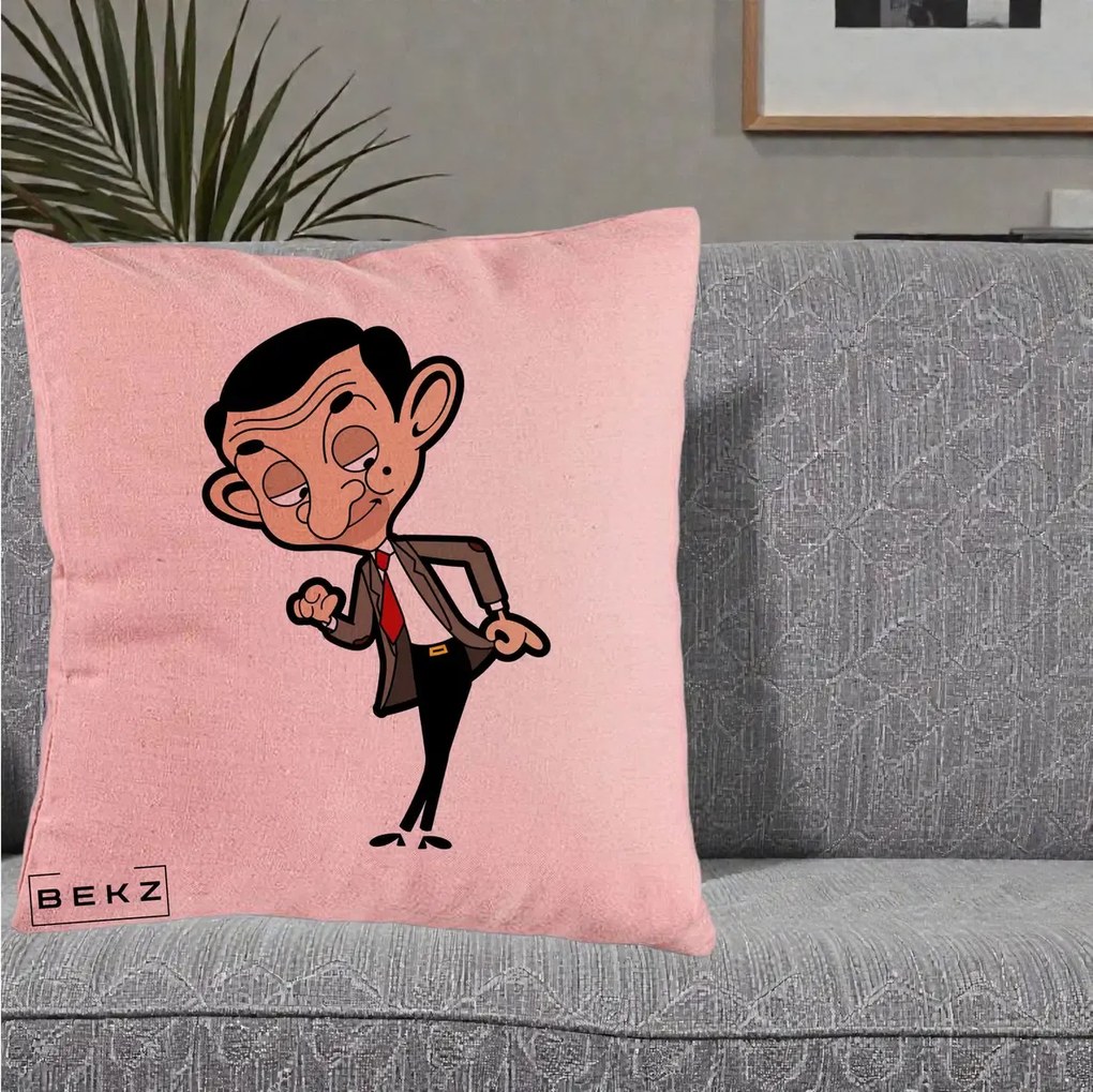 Perna Personalizata Mr. Bean Caricatura, 40x40 cm, Roz, Husa Detasabila, Perna Inclusa, BEKZ®