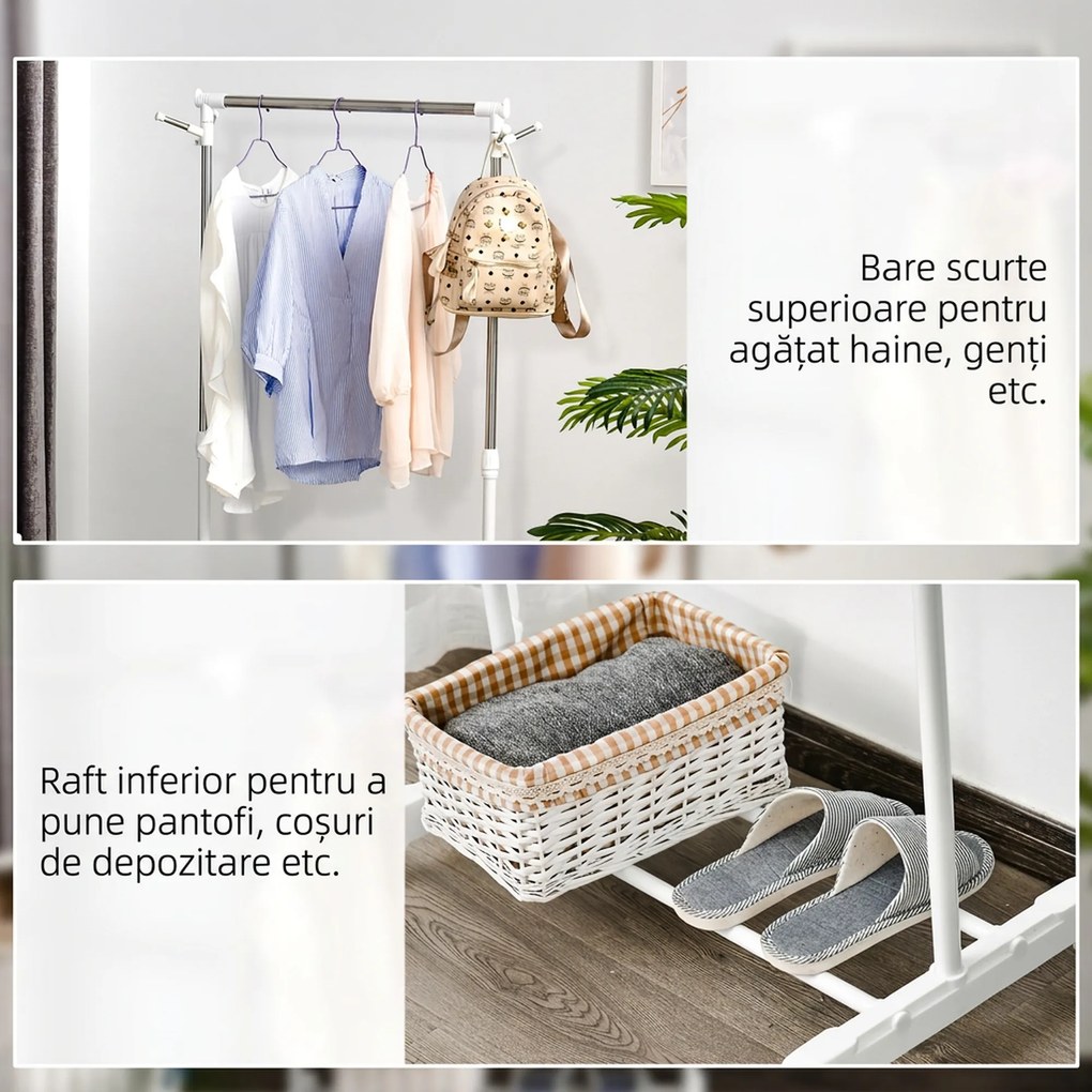 HOMCOM Suport de Haine din Oțel Inoxidabil, Reglabil pe Înălțime cu Bază de Depozitare și 4 Roți, 68,5x42x87-145 cm, Alb și Argintiu | Aosom Romania