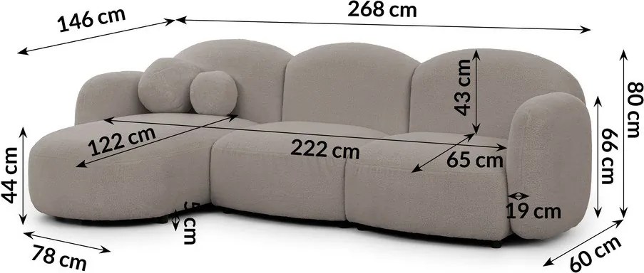 Colțar gri cu tapițerie din țesătură bouclé (cu colț pe partea stângă/cu șezlong) Orbit – Ropez