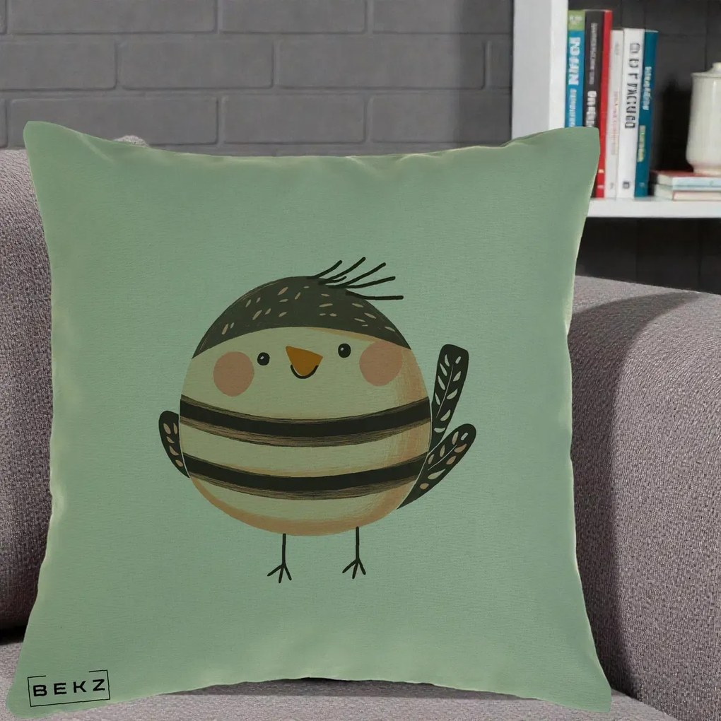 Perna Decorativa Pui Kawaii Bej-Negru Dungat, 40x40 cm, Verde, Husa Detasabila, Perna Inclusa, BEKZ®