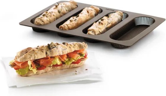 Tavă pentru baghete Lekue 1009039, 29x20x2 cm, 600 ml, 4 compartimente, silicon platinat, de la -60 la +220 °C, maro