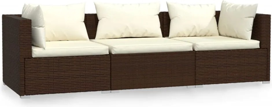 vidaXL Canapea cu 3 locuri, cu perne, maro, poliratan