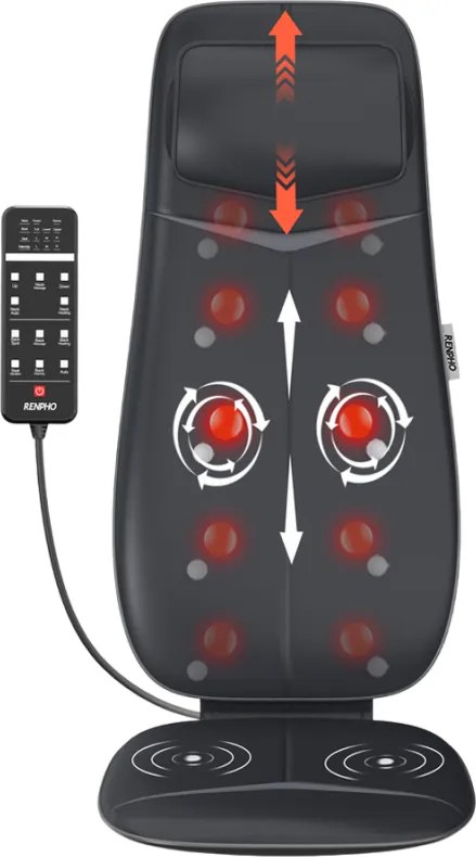 Perna de masaj Shiatsu RENPHO Neck & Back Massage Cushion - S-, 48W, 4 zone, 3 niveluri, Incalzire pana la 45°C, Reglabila, Telecomanda, Negru
