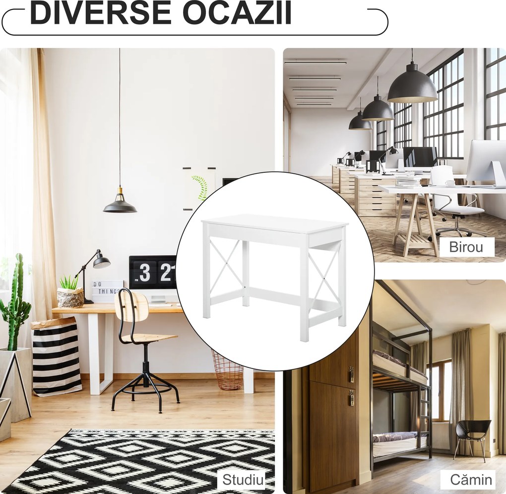HOMCOM, Birou de Studiu, Stil Modern, MDF, Metal, 105x50x76 cm, Alb | Aosom Romania