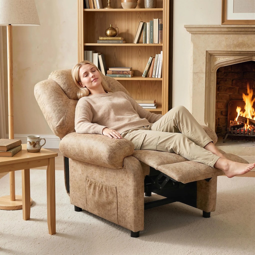 HOMCOM Fotoliu cu Înclinare Manuală Tapițat cu Suport Retractabil pentru Picioare și Buzunare Laterale, 88x91x108 cm, Bej | Aosom Romania