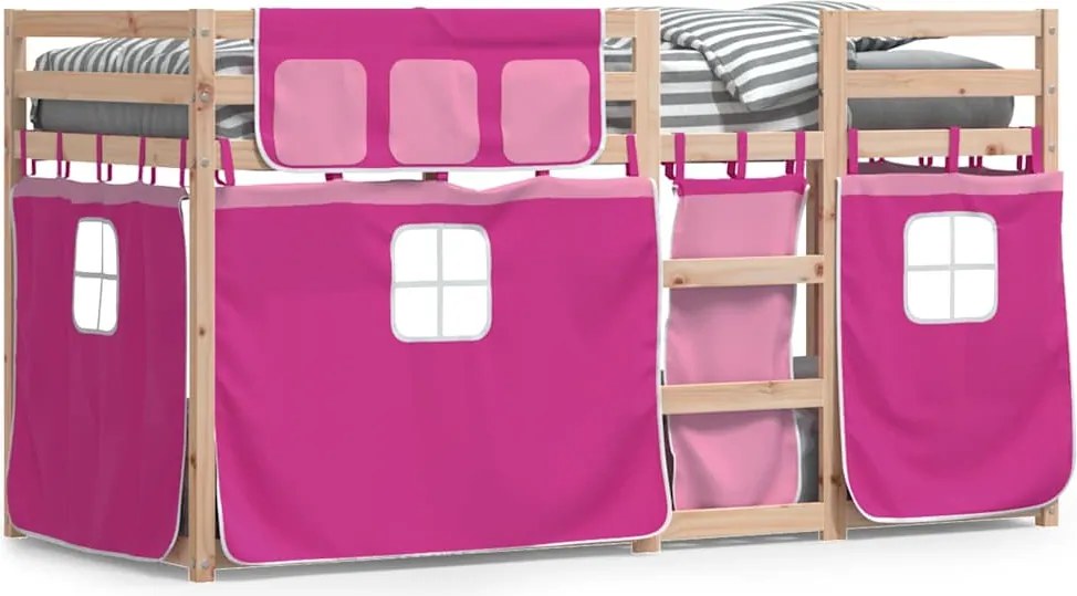 vidaXL Pat supraetajat cu perdele, roz, 90x200 cm, lemn masiv pin