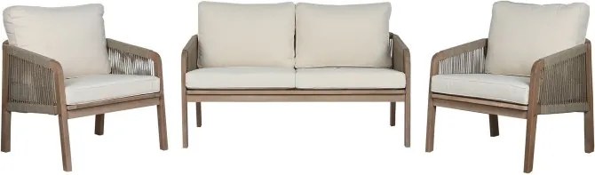 Set lounge exterior premium din lemn de acacia cu frânghie împletită, canapea, 2 fotolii și măsuță cu perne din stofă, „Capri”