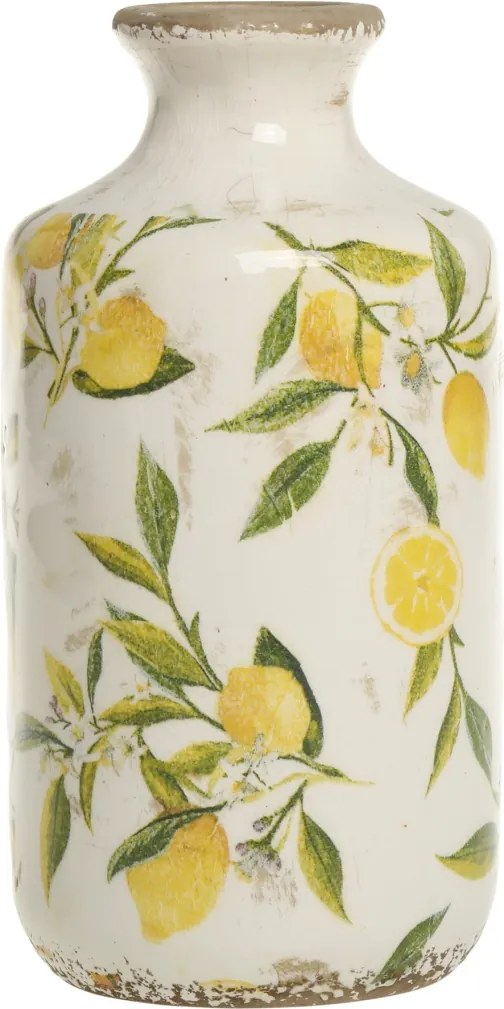 Vas decorativ din ceramică, pictat manual, crem, H21/D10 cm, Limone