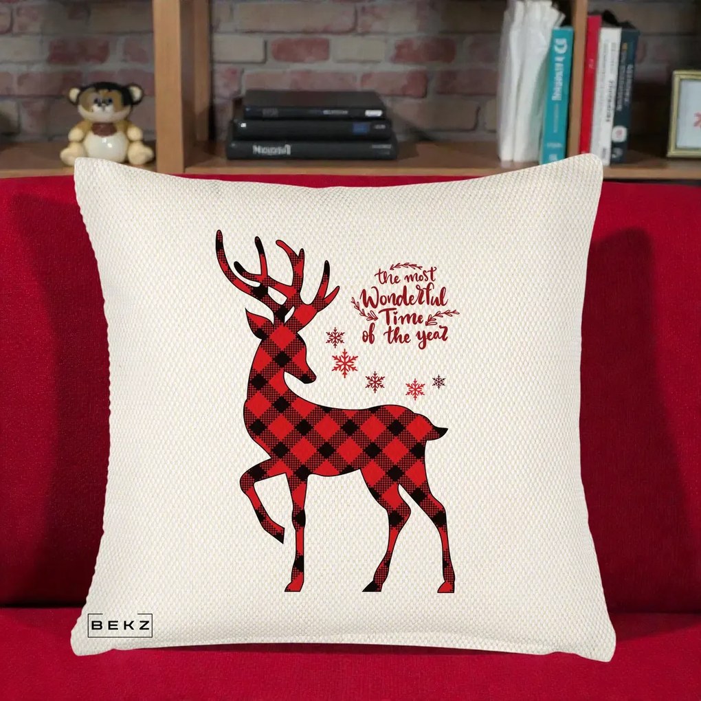 Perna Decorativa Ren Buffalo Plaid Craciun, 40x40 cm, Crem Reliefat, Husa Detasabila, Perna Inclusa, BEKZ®