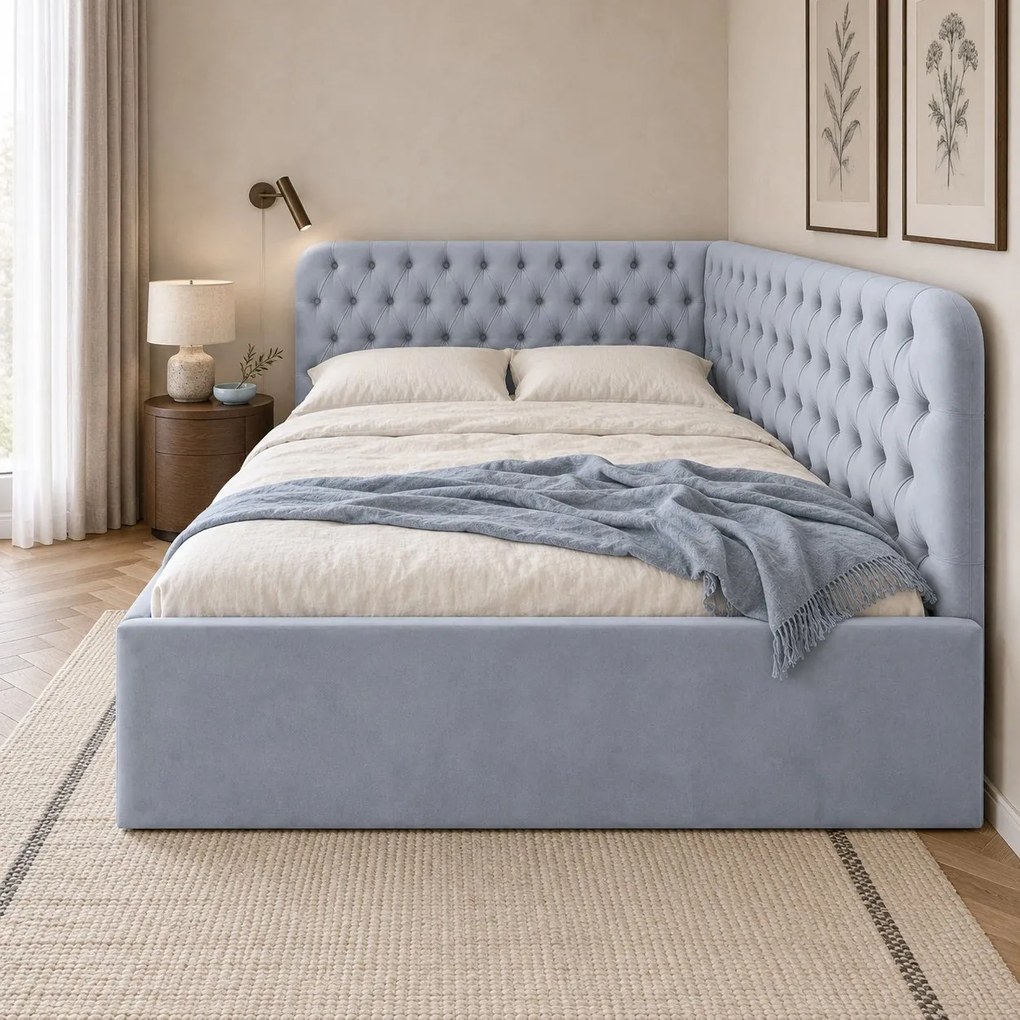 Pat tapițat pentru copii din catifea Elyra 140×200 cm, gri deschis, colț dreapta, cu ladă de depozitare