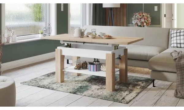 Masă extensibilă ADONIS pentru living și dining, stejar Sonoma/alb, cu poliță