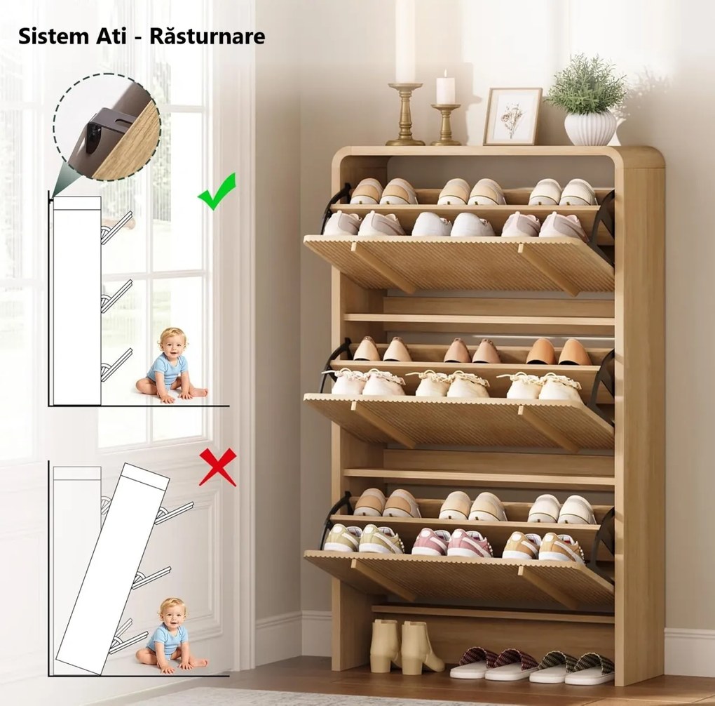 Pantofar maro ingust 70 cm cu 3 compartimente, pantofare cu Riflaje, depozitare pantofi, mobilier hol - PANM10