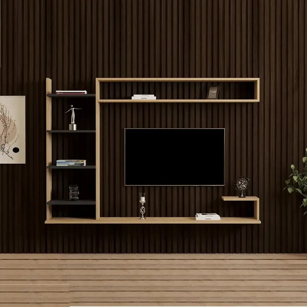 Comoda tv pentru perete cu raft,  culoare nuc si antracit 180 cm