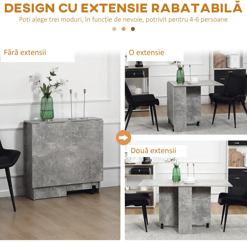 HOMCOM Masă Pliabilă din Lemn cu Roți, pentru 4-6 Persoane, 75x140x75 cm, Gri | Aosom Romania
