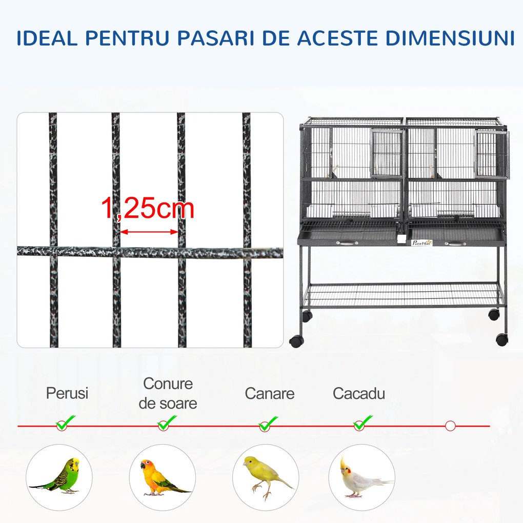 PawHut Colivie Dubla pentru Pasari din Metal cu Tavi Detasabile Suport cu 4 Roti si Raft,95x45.5x102cm, Neagra Gri | Aosom Romania