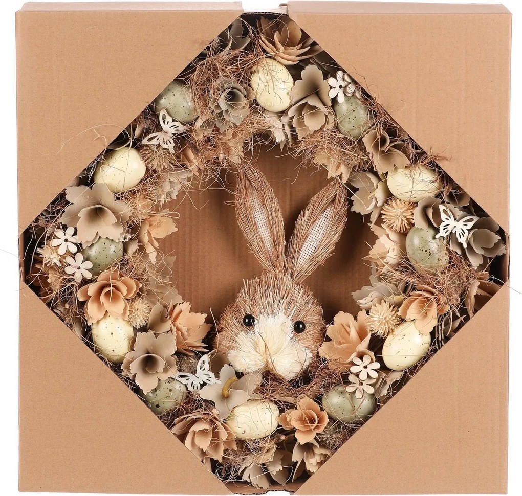 Coroană de Paște Iepure maro cu flori și ouă,diametru 45 cm, 45 x 45 x 9 cm