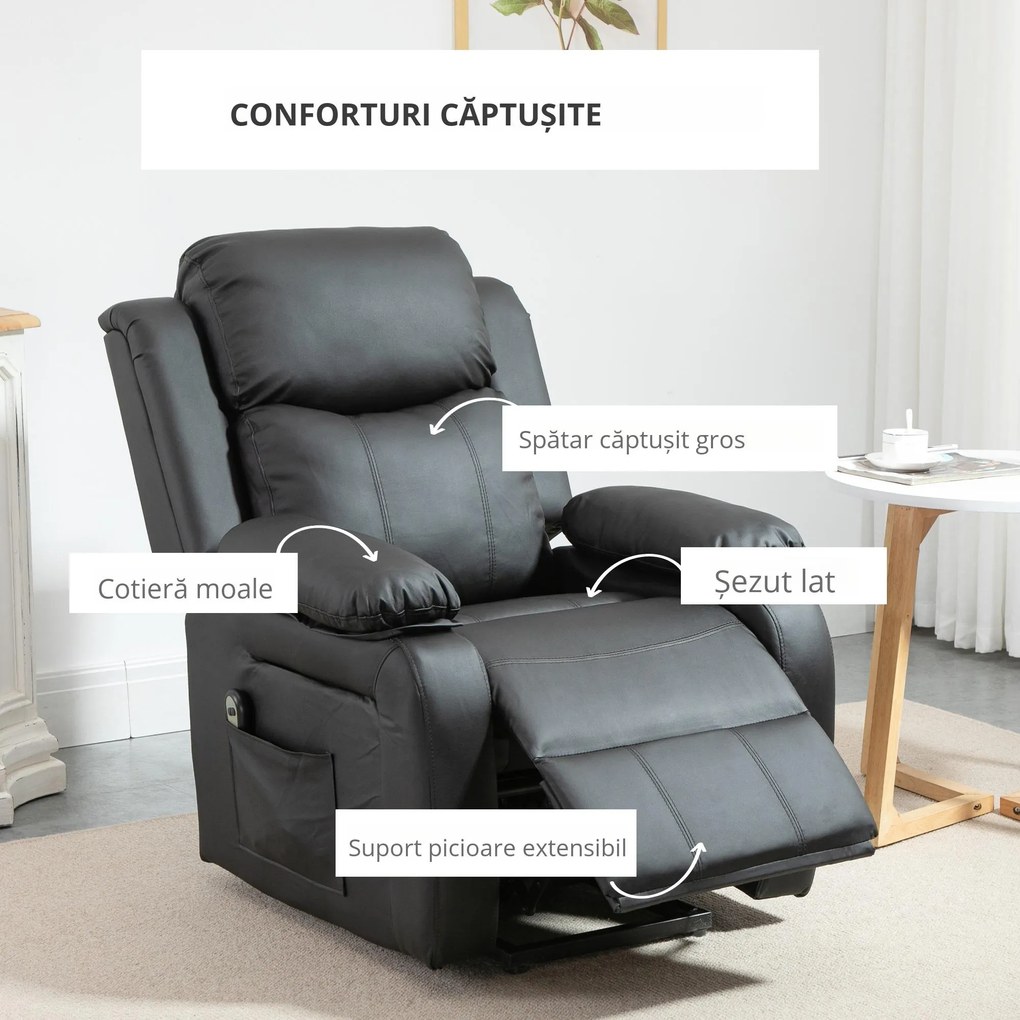 HOMCOM Fotoliu Relax Electric cu Ridicare și Reclinare 160°, Telecomandă, 76x90x105 cm, Negru | Aosom Romania