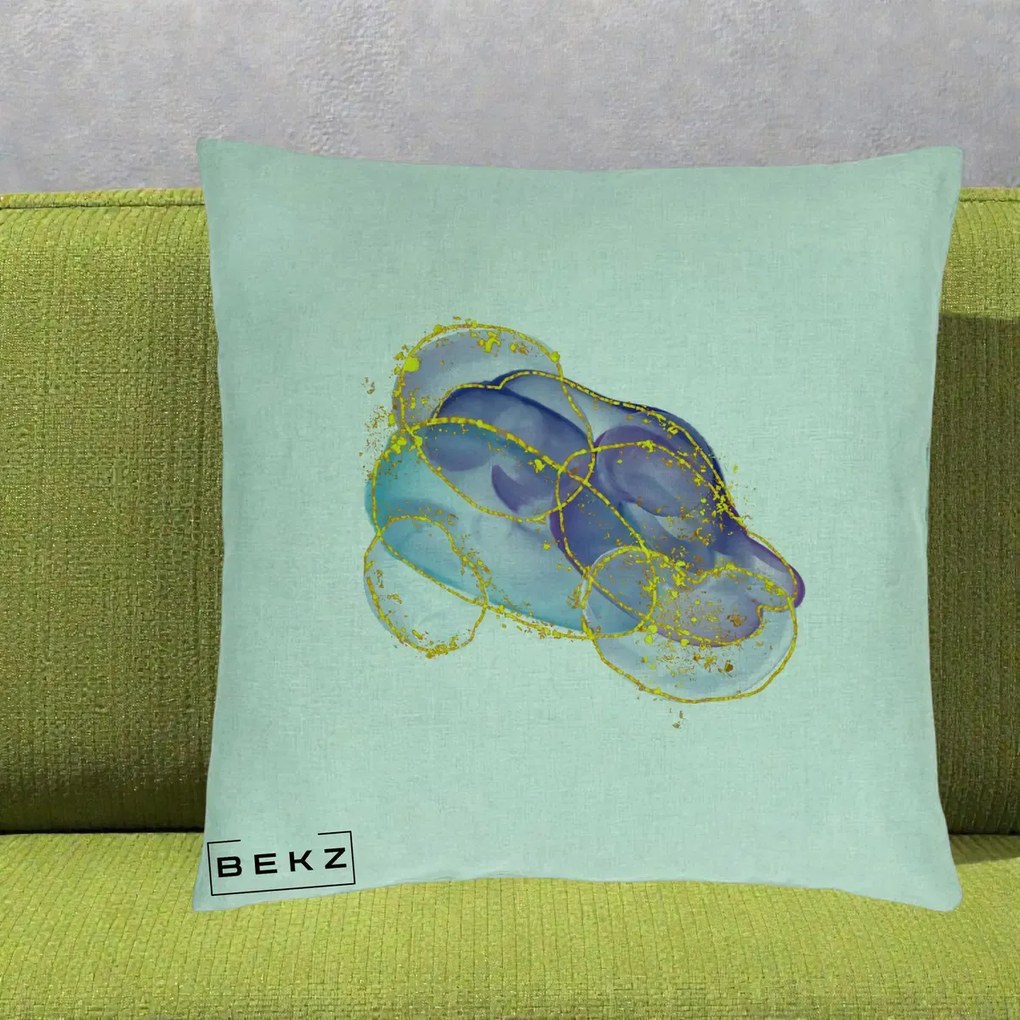 Perna Decorativa Abstract Acuarela Albastru-Mov cu Cercuri Aurii, 40x40 cm, Verde Menta, Husa Detasabila, Perna Inclusa, BEKZ®