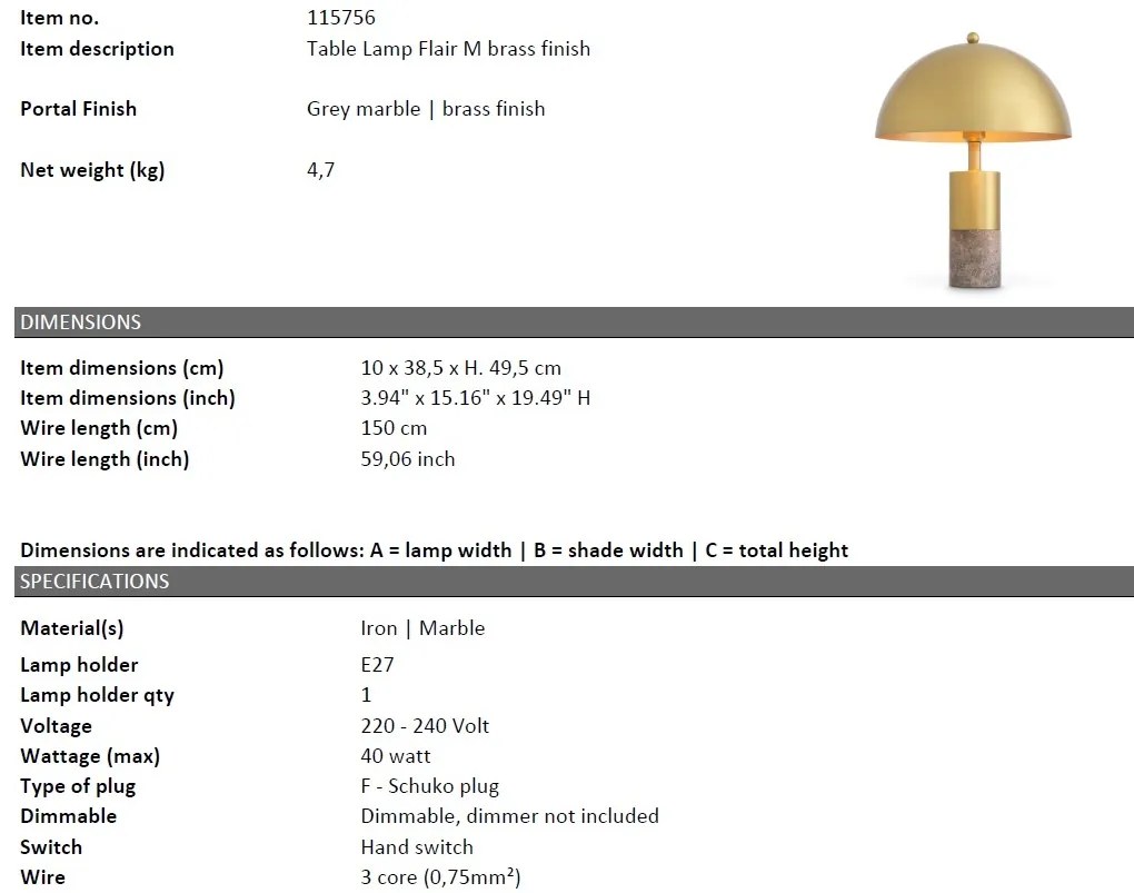Veioza design LUX marmura gri/ metal alama Flair M