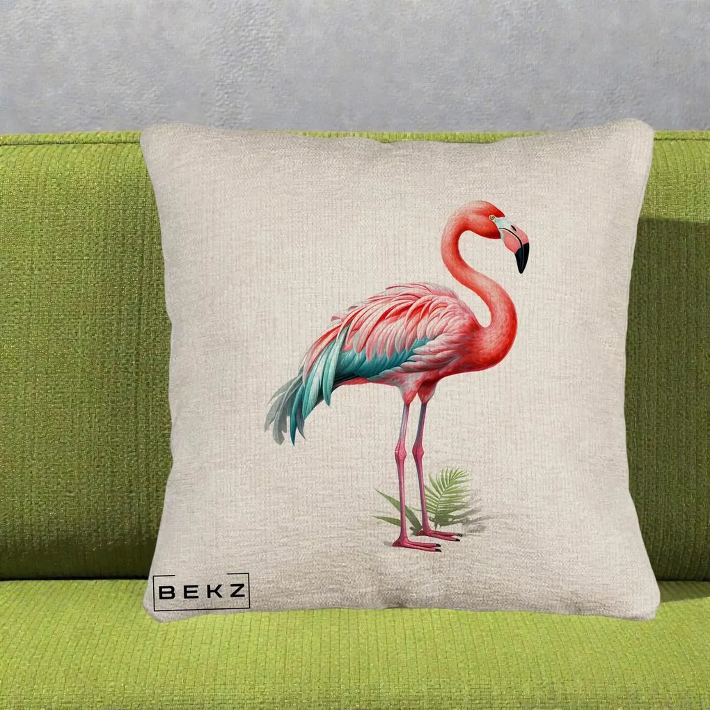 Perna Decorativa Flamingo Roz cu Pene Teal, 40x40 cm, Bej Canapea, Husa Detasabila, Perna Inclusa, BEKZ®