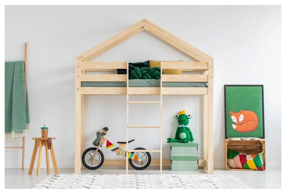 Pat supraetajat din lemn de pin, în formă de căsuță Adeko Mila DMPA, 90 x 190 cm
