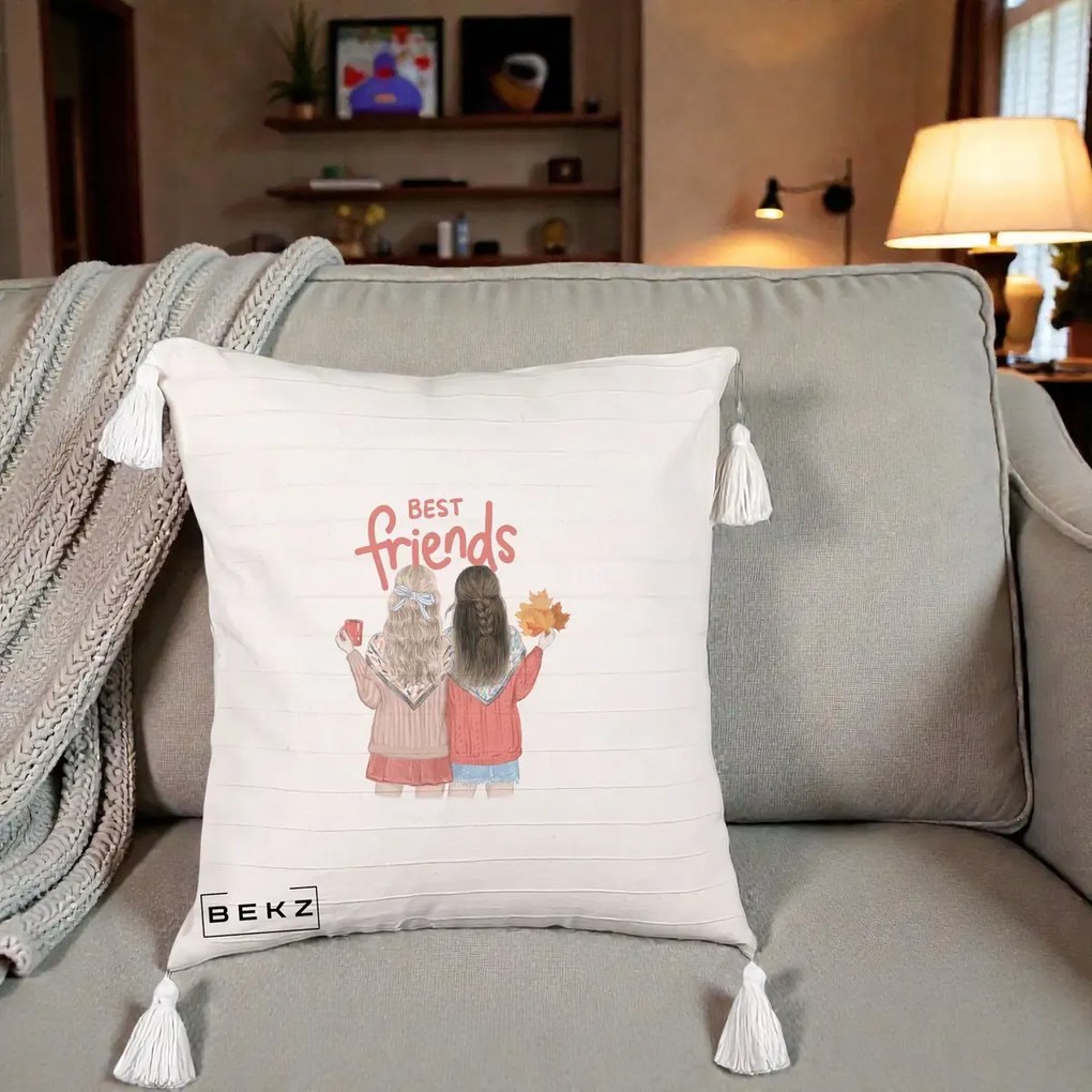 Cadou pentru Prieteni - Perna Personalizata Best Friends Toamna, 40x40 cm, Bej cu Franjuri, Husa Detasabila, Perna Inclusa, BEKZ®