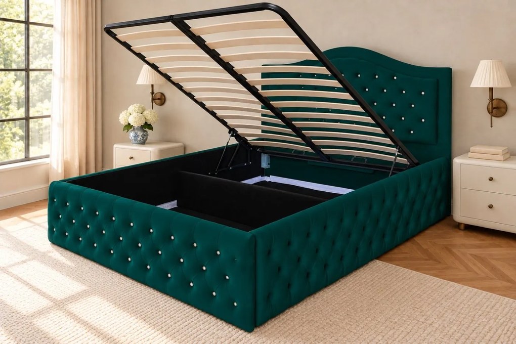 Pat tapițat Chesterfield din catifea Solaria Deluxe Cristal 180×200 cm, verde, cu ladă de depozitare