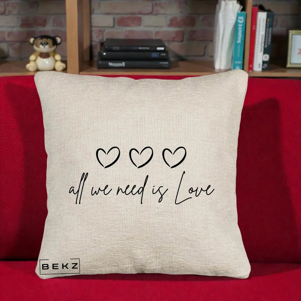 Perna Decorativa All We Need Is Love, 40x40 cm, Bej Canapea, Husa Detasabila, Perna Inclusa, BEKZ®